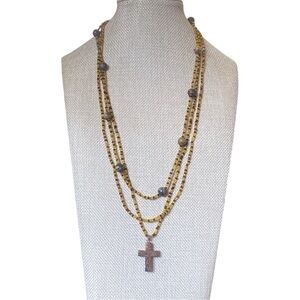 Vintage Triple-Strand Glass Beaded Necklace W/Jasper Beads & Cross Pendant